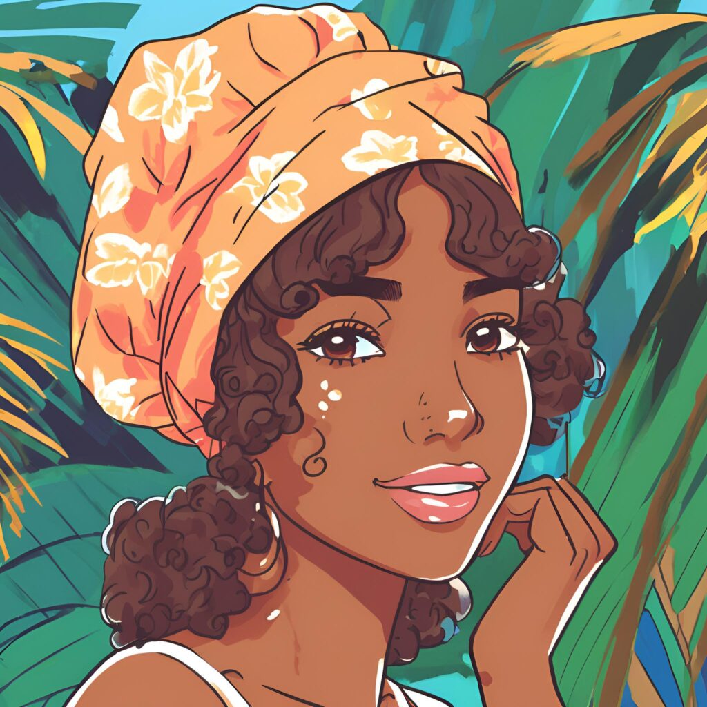 Brown-skinned woman with curly hair wearing a shower cap