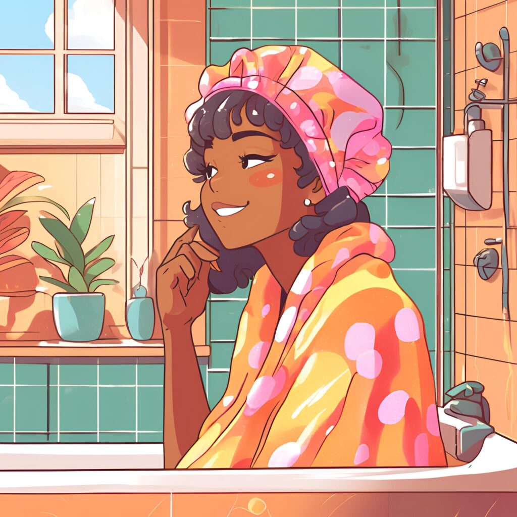 Relaxed woman wearing a shower cap during deep conditioning