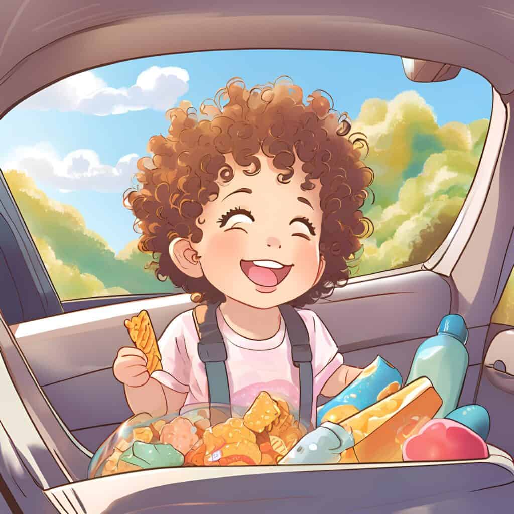 Curly-haired toddler smiling in a car seat surrounded by colorful snacks, toys, a sunshade, and baby travel gear, with bright greenery visible through the window.