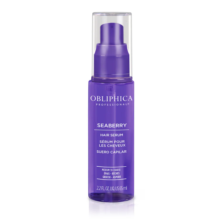 Obliphica Seaberry Hair Serum for Thick to Coarse Hair – lightweight purple spray bottle for shine and humidity protection.