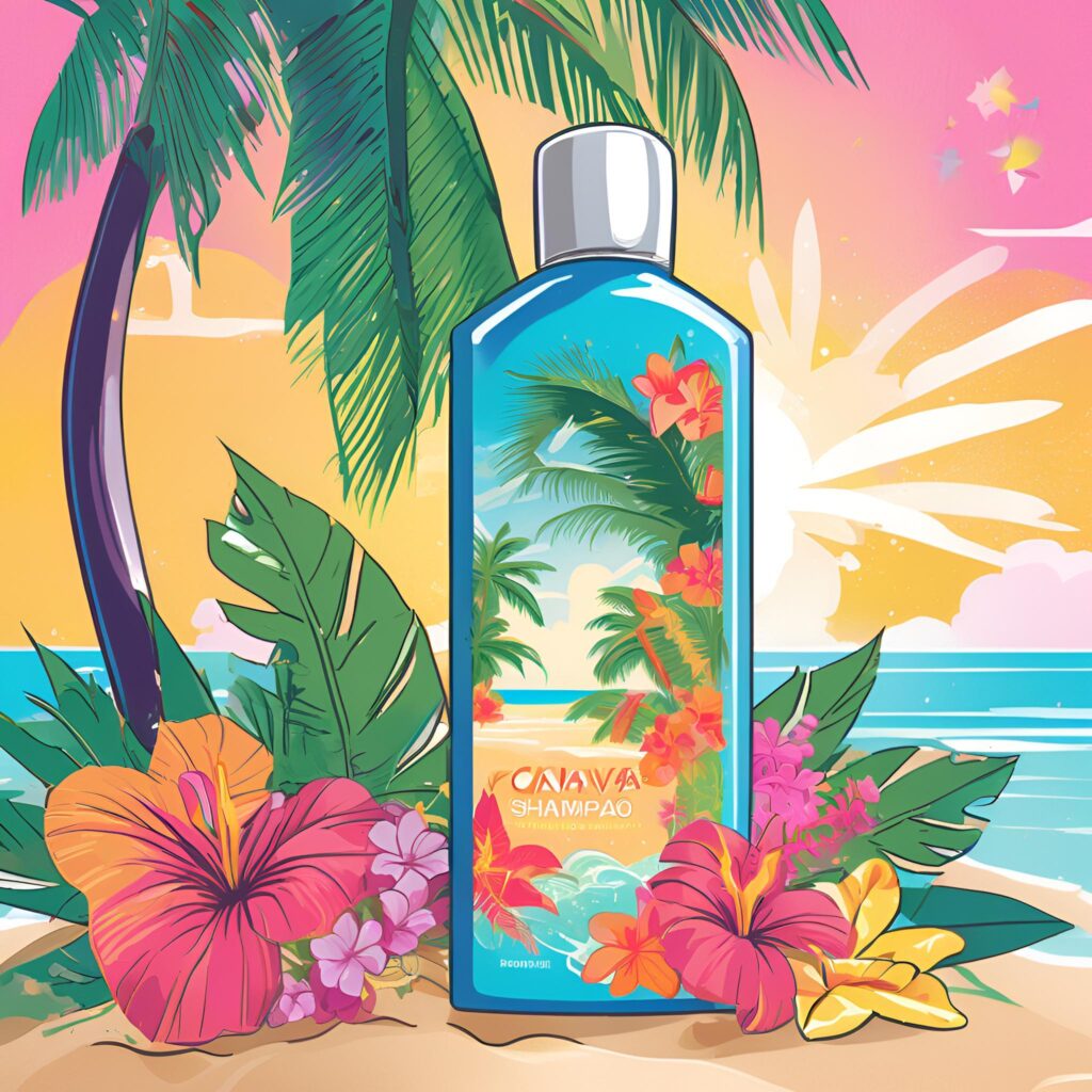 Illustration of a shampoo bottle with tropical leaves and Caribbean-inspired colors