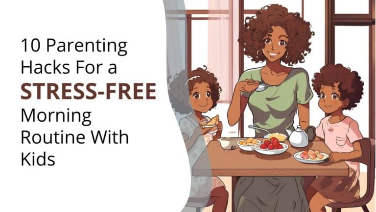 Smiling mom with two curly-haired kids eating breakfast together at a table. Text on the left reads '10 Parenting Hacks for a Stress-Free Morning Routine With Kids.'