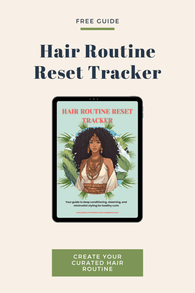Digital mockup of the Hair Routine Reset Tracker guide featuring a curly-haired woman with tropical leaves in the background, designed to help users build a curated curly hair care routine.