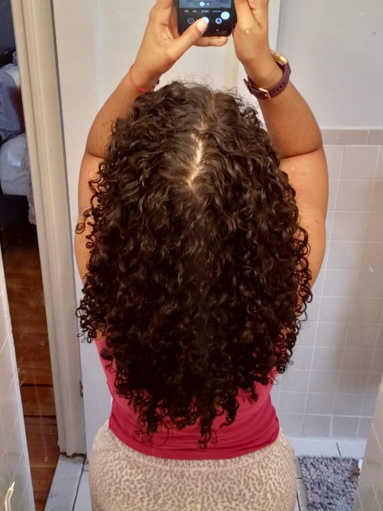 Back view of long, defined curly hair, showcasing healthy curls at the beginning of the hair journey.