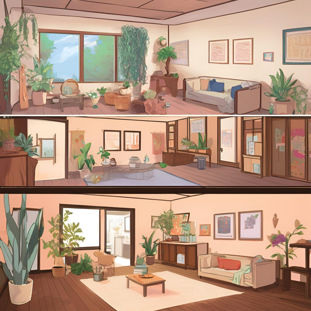 A multi-room view of a warm, modern home filled with plants and minimal furniture. Each room features framed or canvas art placed thoughtfully above furniture, keeping decor elevated and out of toddler reach.