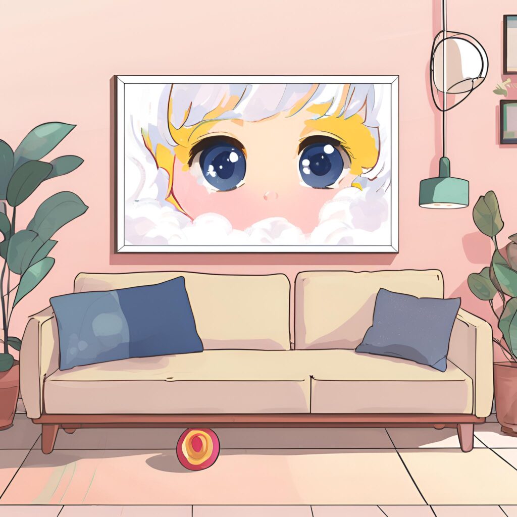 A cozy living room with a minimalist couch and a large modern art print hanging above it. The artwork features bright eyes and soft colors. Toys and plants are arranged neatly, suggesting a balance between kid life and grown-up style.