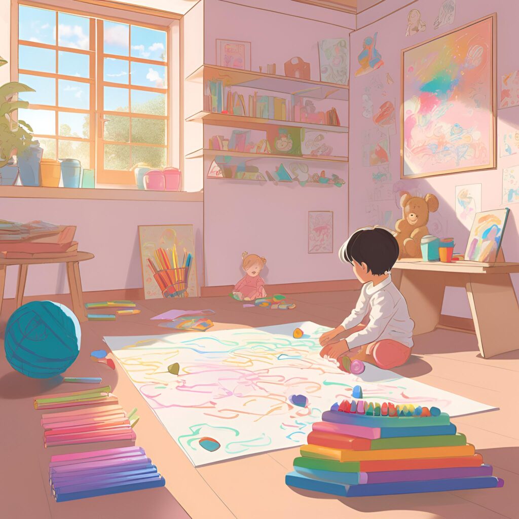 A toddler sits on the floor in a bright, sunlit room surrounded by colorful art supplies and papers. The walls are decorated with playful drawings and a large soft canvas. The room feels creative, safe, and child-centered.