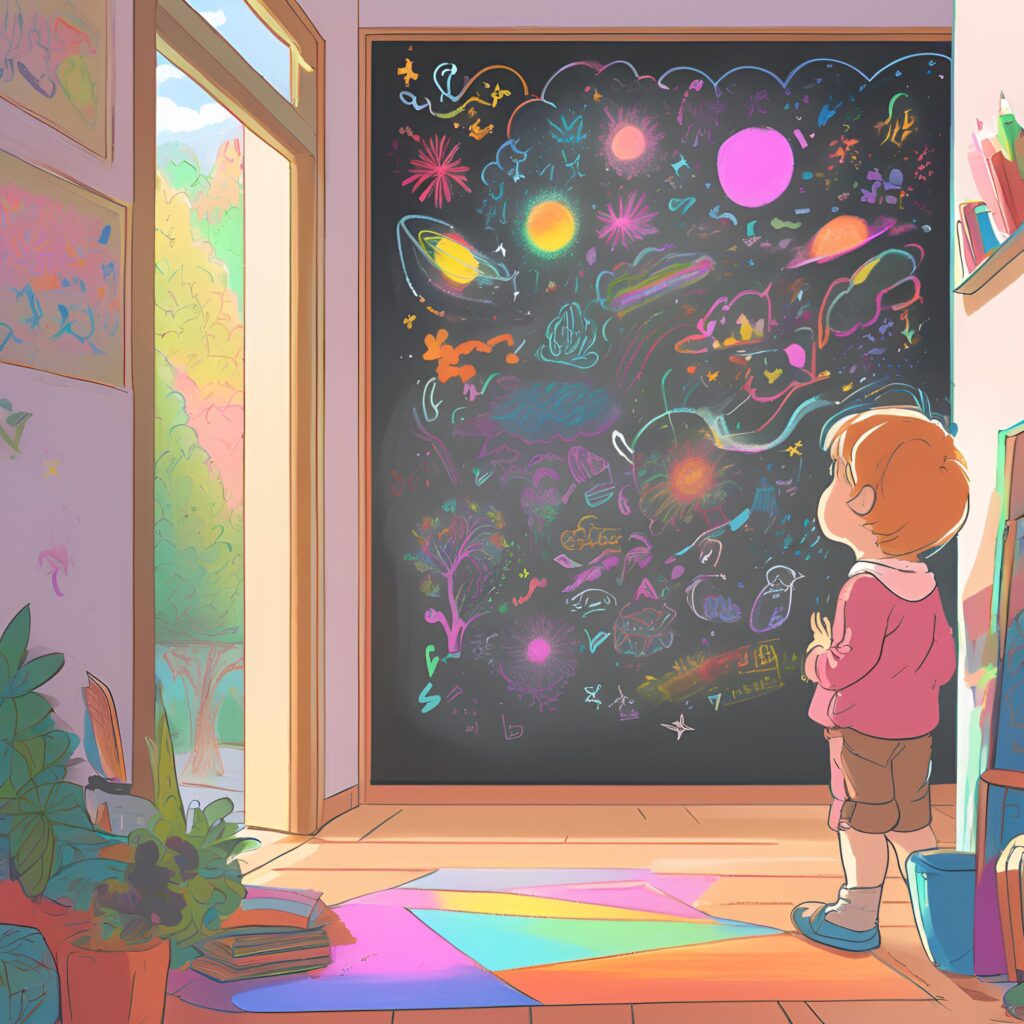 A child stands in front of a large, black chalkboard wall covered in vibrant, space-themed drawings. Sunlight streams through a nearby window, casting rainbow light across the floor. The space feels imaginative and kid-focused.