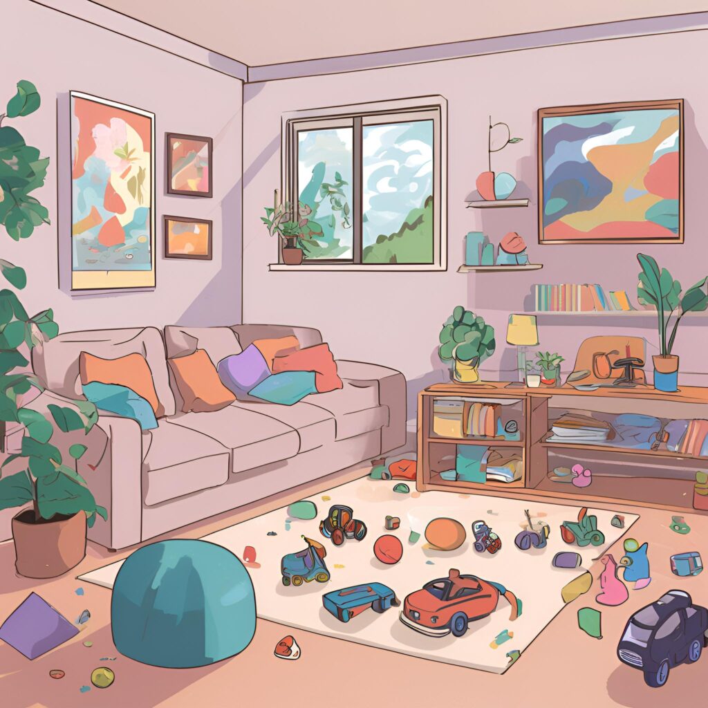 A lived-in family living room scattered with toys and blocks. Despite the mess on the floor, the walls feature clean, elevated art and greenery, showing a space that balances real life with intentional styling.