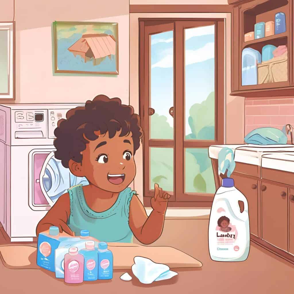 Toddler with curly hair in laundry room helping mom sort baby products and scan receipts for Fetch Rewards points.