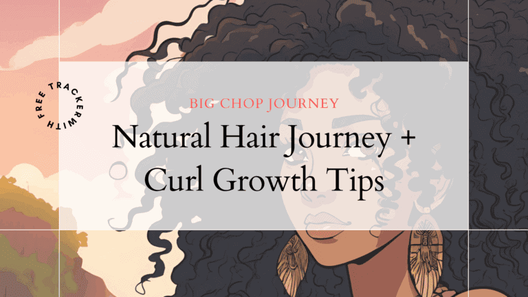 Illustration of a confident woman with voluminous curly hair and bold accessories, set against a tropical sunset background. Text overlay reads "My Natural Hair Journey and Tips – Big Chop Journey with Free Tracker.