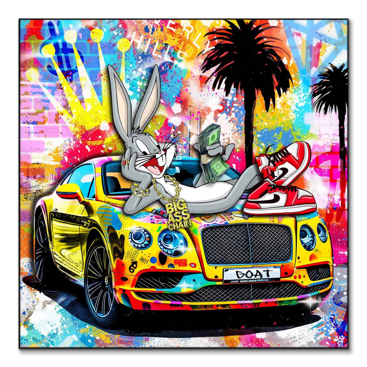 Bright pop art print of Bugs Bunny lounging on a sports car with a palm tree background, bold and playful design.