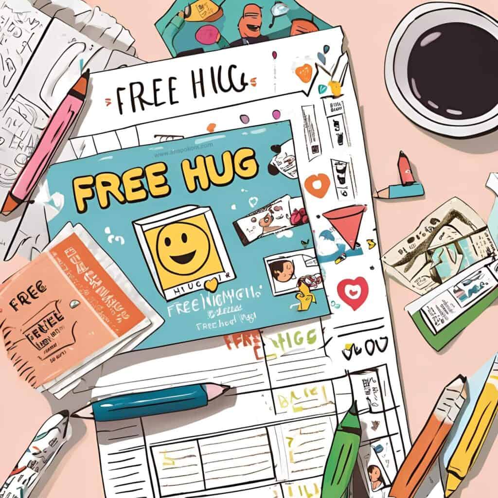 Creative homemade coupon book pages with phrases like 'Free Hug,' decorated with crayons and doodles, for a DIY Father’s Day craft.