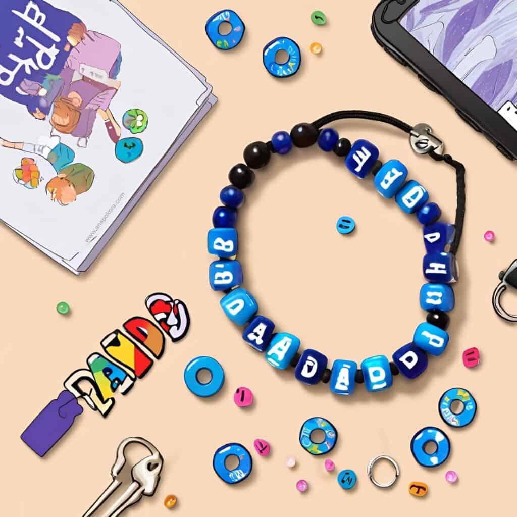 Beaded bracelet with letters spelling 'DAD' on a light background, surrounded by colorful craft beads and keychains.