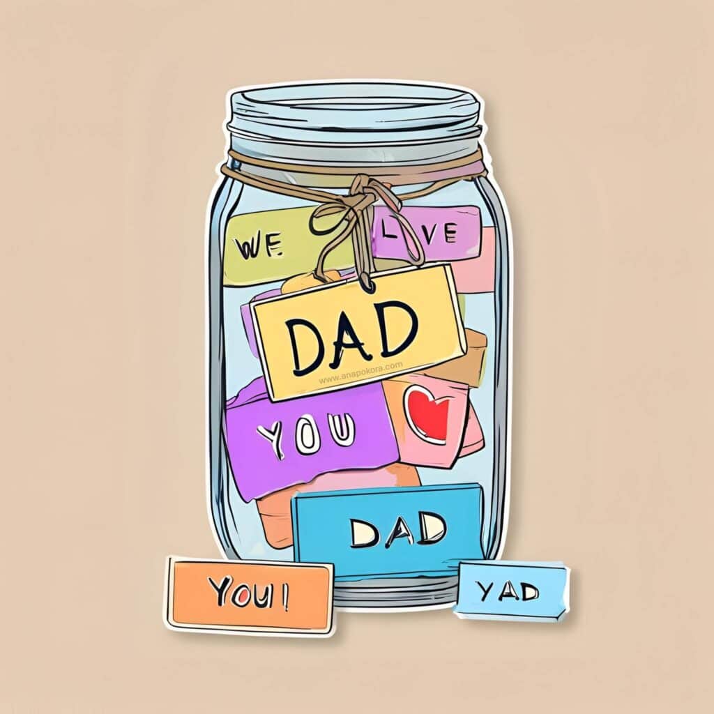 Handwritten paper notes in a mason jar labeled 'We Love Dad,' styled with colorful tags for a heartfelt Father’s Day gift.