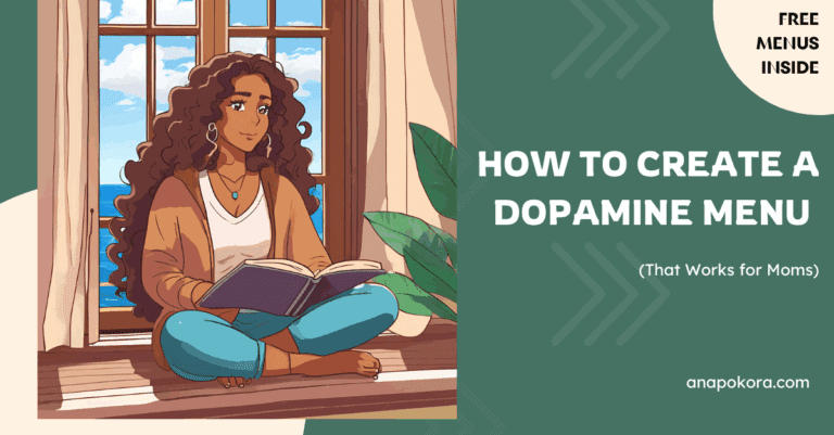 Illustration of a brown-skinned mom with curly hair sitting cross-legged near a window with an ocean view, writing in a journal. She looks calm and reflective. Tropical plants surround her, and the image promotes a peaceful, Caribbean-inspired vibe. Text on the right reads “How to Create a Dopamine Menu (That Works for Moms)” with a badge that says “Free Menus Inside.”