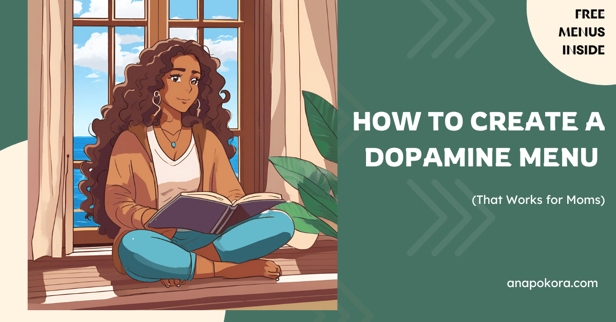 Illustration of a brown-skinned mom with curly hair sitting cross-legged near a window with an ocean view, writing in a journal. She looks calm and reflective. Tropical plants surround her, and the image promotes a peaceful, Caribbean-inspired vibe. Text on the right reads “How to Create a Dopamine Menu (That Works for Moms)” with a badge that says “Free Menus Inside.”