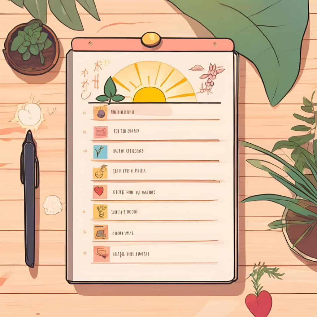 A decorative dopamine checklist is clipped to a notepad on a wooden surface, surrounded by leafy plants and a pen. Each item has an icon representing a joyful activity.