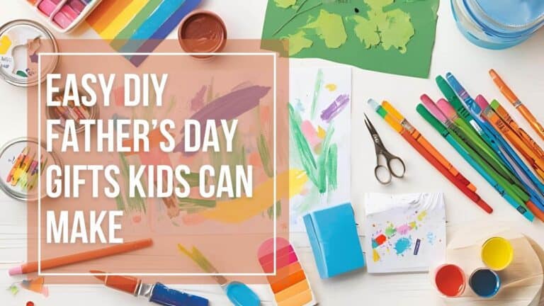 Flat lay of colorful kids’ art supplies and painted paper with text overlay that reads ‘Easy DIY Father’s Day Gifts Kids Can Make’ – perfect for a craft-themed blog post.