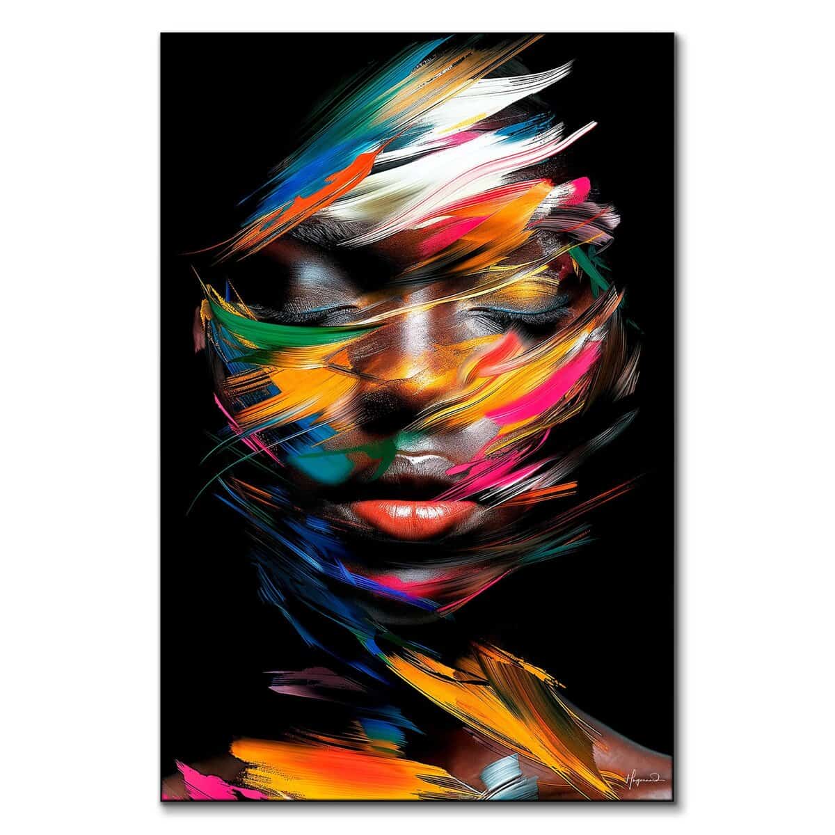 Modern abstract portrait with colorful brushstrokes across a woman’s face, sleek and minimal wall art.