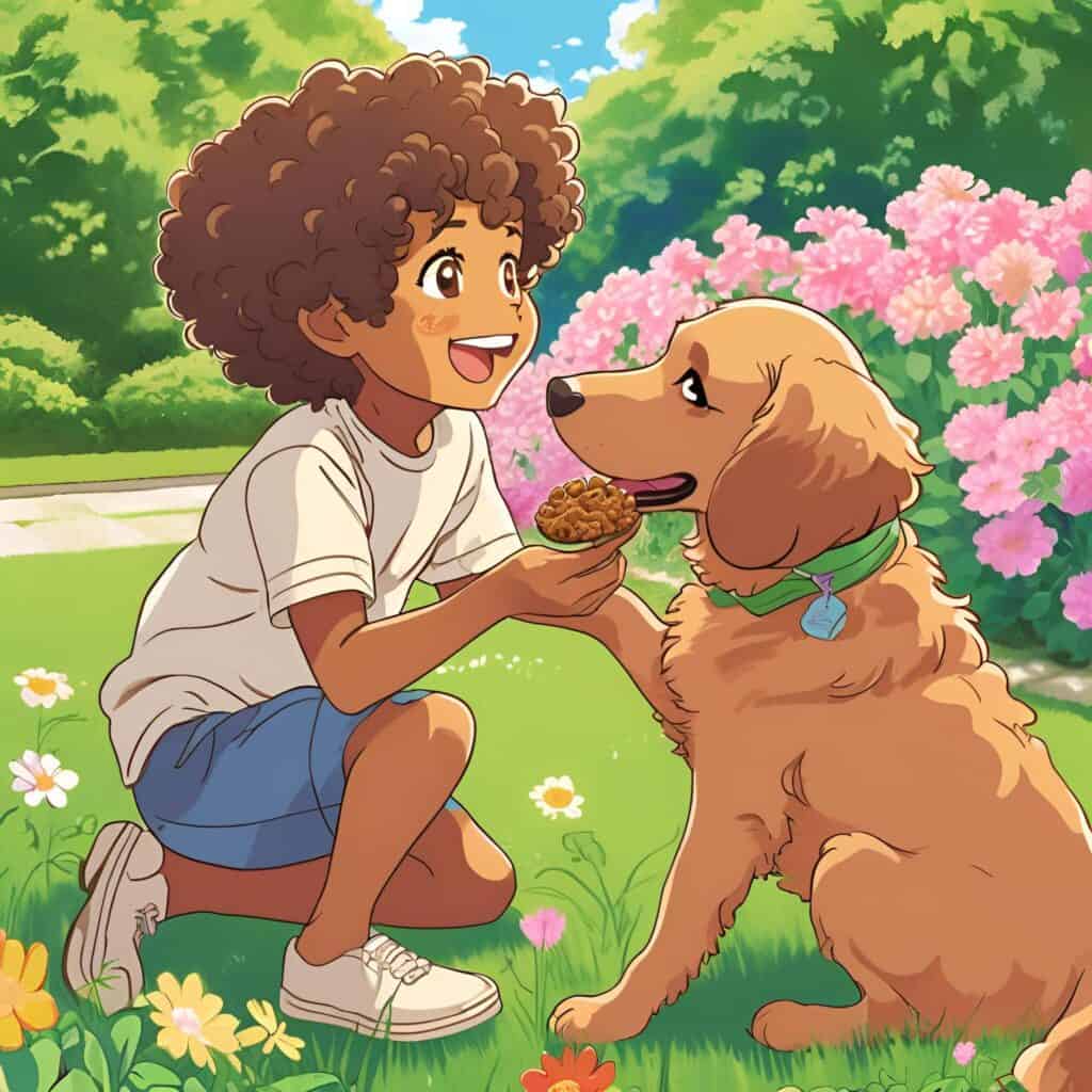 Curly-haired child kneeling in a garden, smiling while feeding a golden retriever from a bowl, surrounded by blooming pink flowers and green grass on a sunny day.