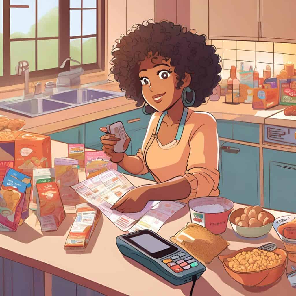 Mom with curly hair checking email alerts and BeFrugal app on laptop while shopping for household deals like toilet paper and laundry detergent.