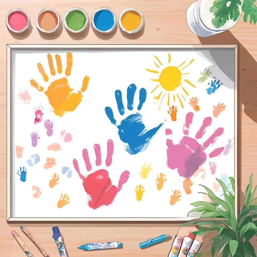 Colorful kids’ handprint art framed on a wooden table, surrounded by paint jars, markers, and plants – a DIY Father’s Day gift idea.