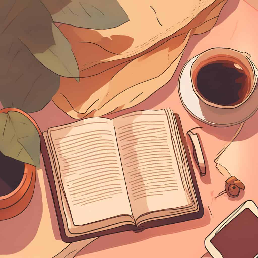 A journal lies open beside a steaming cup of coffee, cozy linens, and plant leaves. A pen and earbuds complete the peaceful, introspective setting.