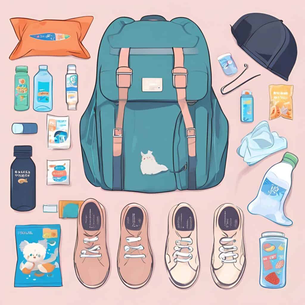 Flat lay illustration of a teal backpack surrounded by kid-friendly essentials like water bottles, snacks, wipes, shoes, and sunscreen, laid out on a pink background.