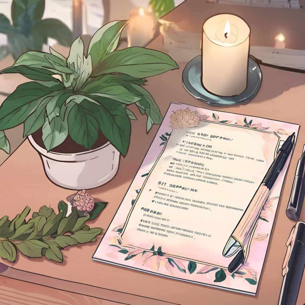 A printed dopamine menu sits on a wooden desk beside a leafy potted plant, candle, and pen. The setup is calm and softly lit, evoking mindfulness and focus.