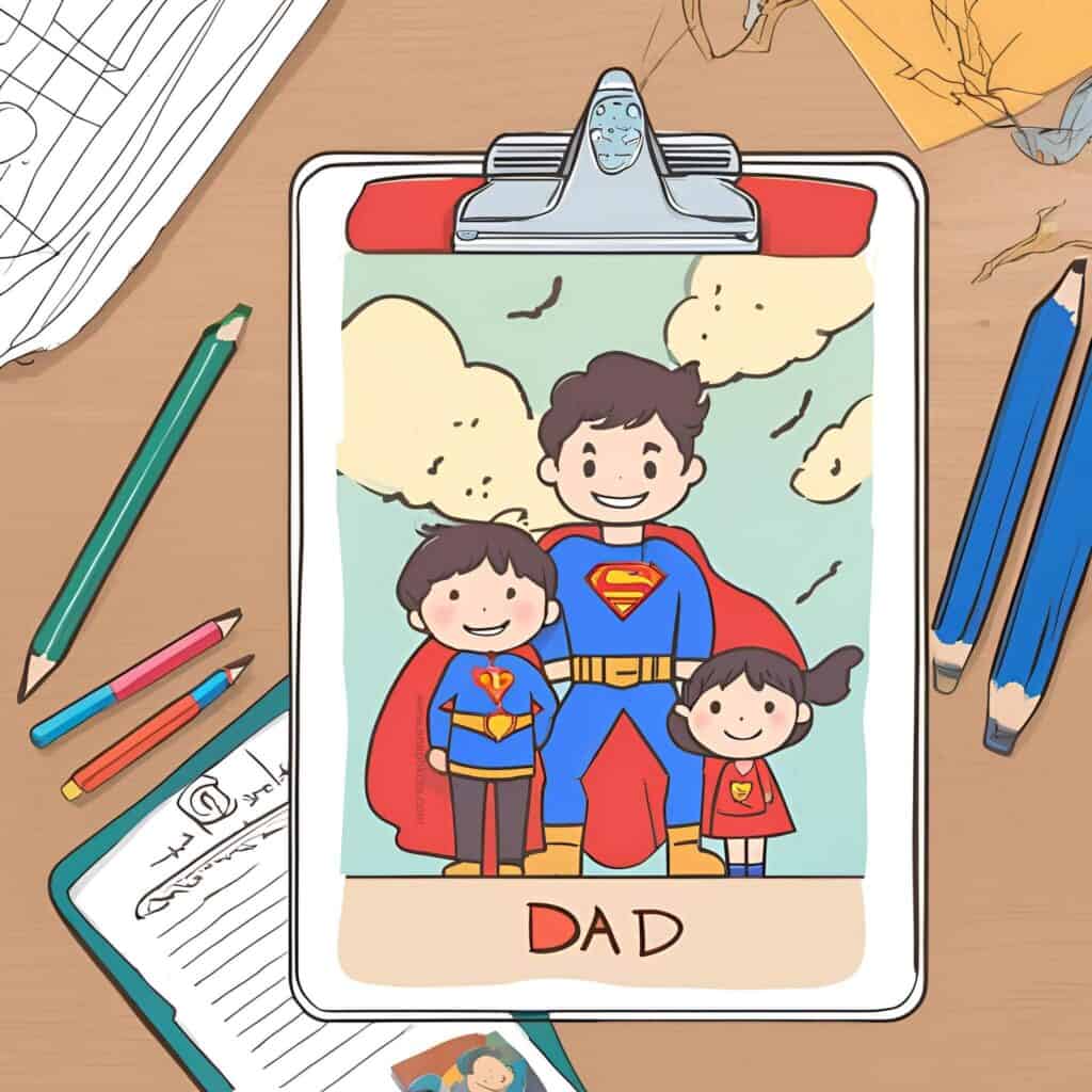 Child’s superhero drawing of dad and kids on a clipboard, surrounded by art supplies – a homemade Father’s Day desk gift.