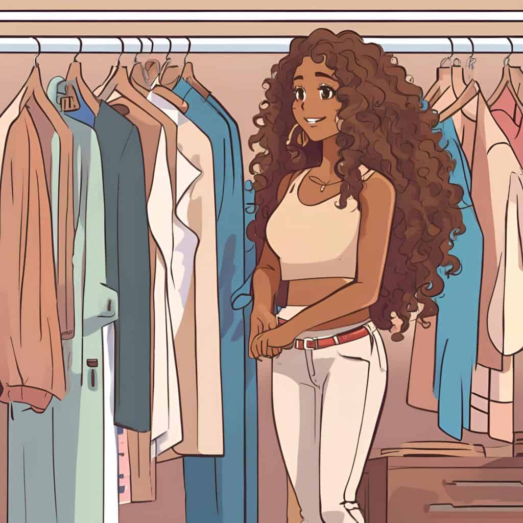 Curly-haired woman standing in front of a neatly organized closet, smiling as she selects outfits for the week.