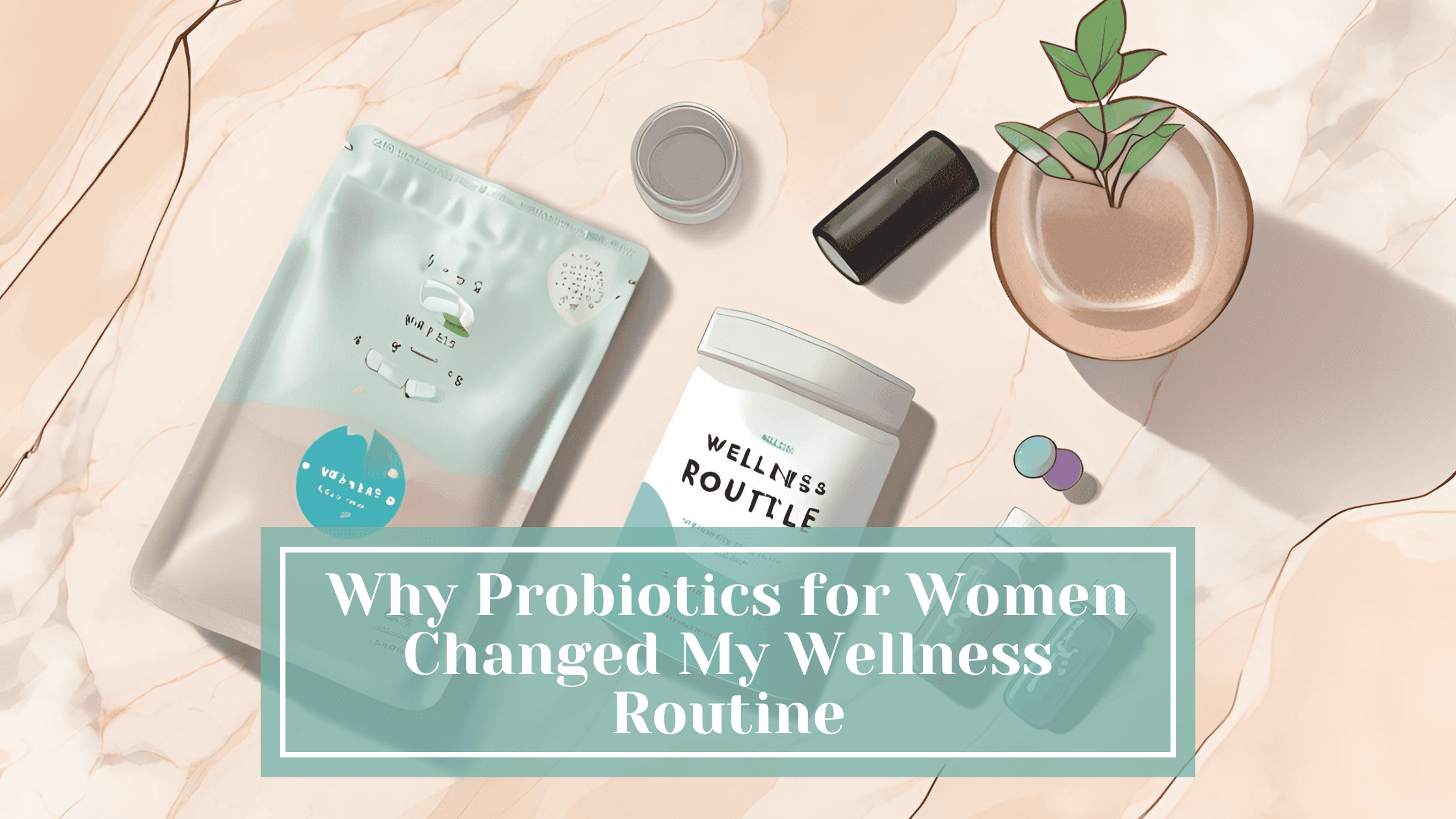 Flat lay of wellness products including probiotics pouch, capsule bottle labeled 'Wellness Routine,' supplements, and a potted plant on marble background with text overlay: Why Probiotics for Women Changed My Wellness Routine