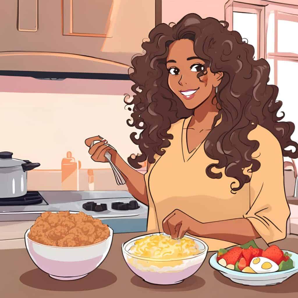 Curly-haired mom in a yellow shirt happily preparing breakfast at the kitchen counter with bowls of strawberries, eggs, and cooked meals in front of her.