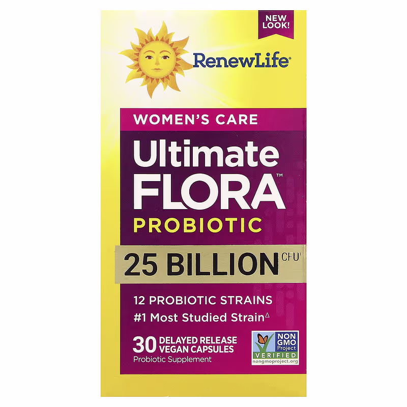 Renew Life Women’s Care Probiotic 25 Billion CFU bottle for women’s gut and vaginal health