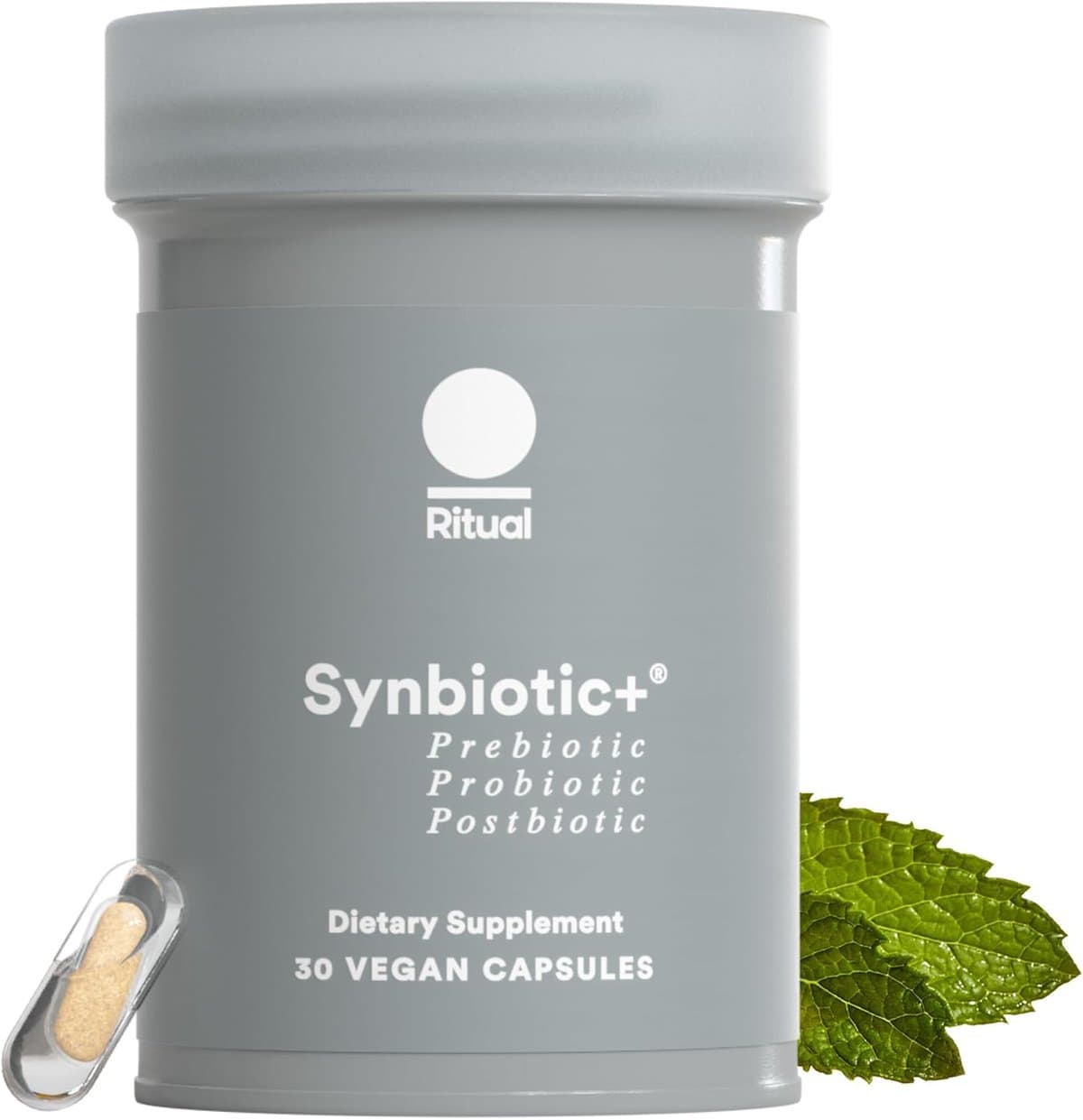 Ritual Synbiotic+ prebiotic probiotic and postbiotic supplement bottle on white background