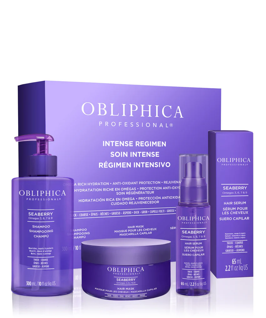 Obliphica Seaberry Shampoo for Thick to Coarse Hair – tall purple pump bottle designed to cleanse without stripping moisture.
