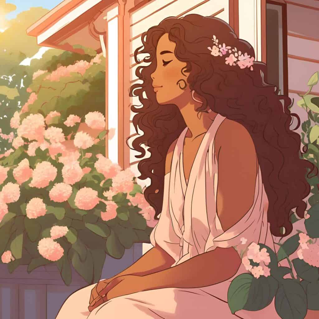 Peaceful woman with long curly hair sitting in a garden filled with pink flowers, wearing a soft white dress and enjoying a moment of calm.