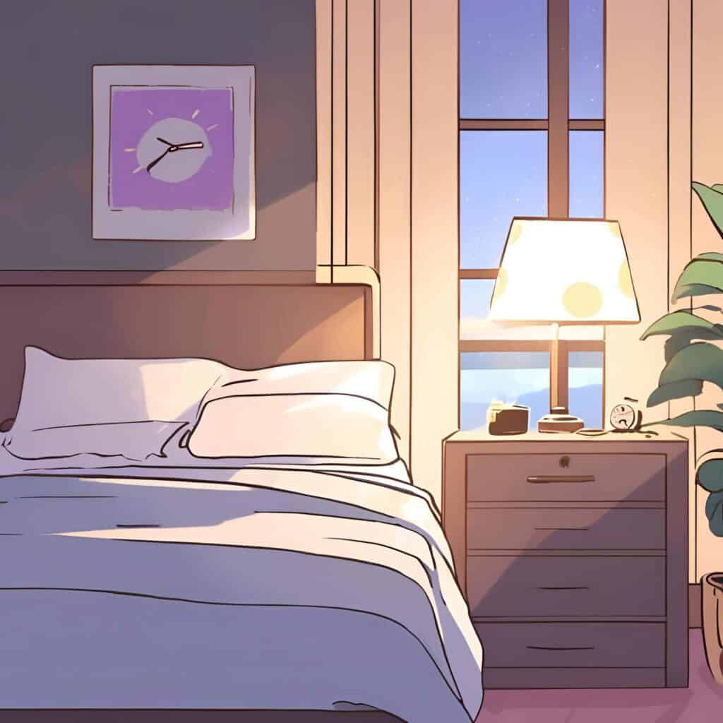 Cozy bedroom scene with a neatly made bed, a bedside table with a lamp and clock, and soft morning sunlight streaming through a window.