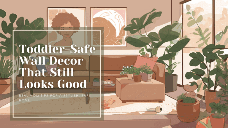 A warm, modern living room styled with large leafy plants, toddler toys on the floor, and oversized art hanging safely above a tan couch. The text overlay reads “Toddler-Safe Wall Decor That Still Looks Good — Real Mom Tips for a Stylish, Safe Home.”