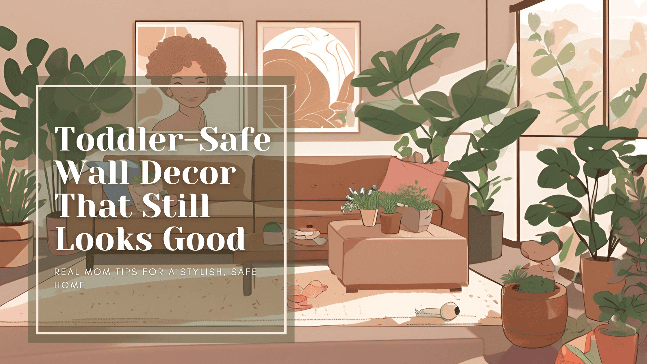 A warm, modern living room styled with large leafy plants, toddler toys on the floor, and oversized art hanging safely above a tan couch. The text overlay reads “Toddler-Safe Wall Decor That Still Looks Good — Real Mom Tips for a Stylish, Safe Home.”