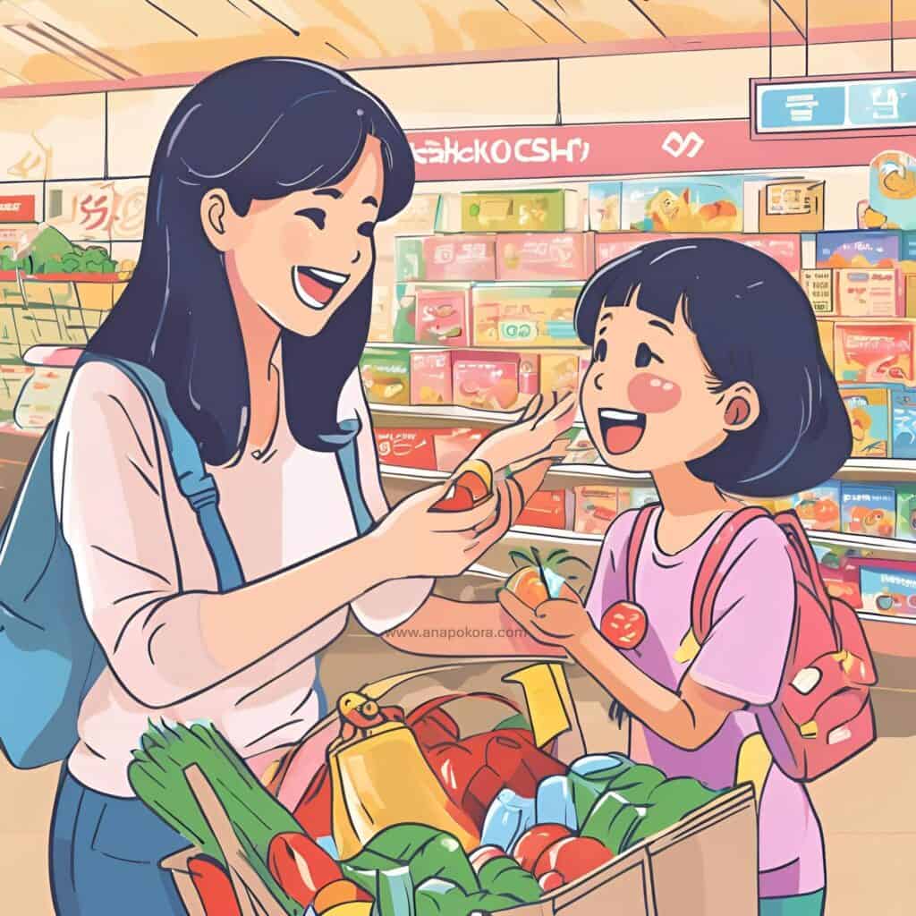 Mom and daughter happily shopping for groceries, holding fresh produce, symbolizing cashback earned from TopCashback during errands.