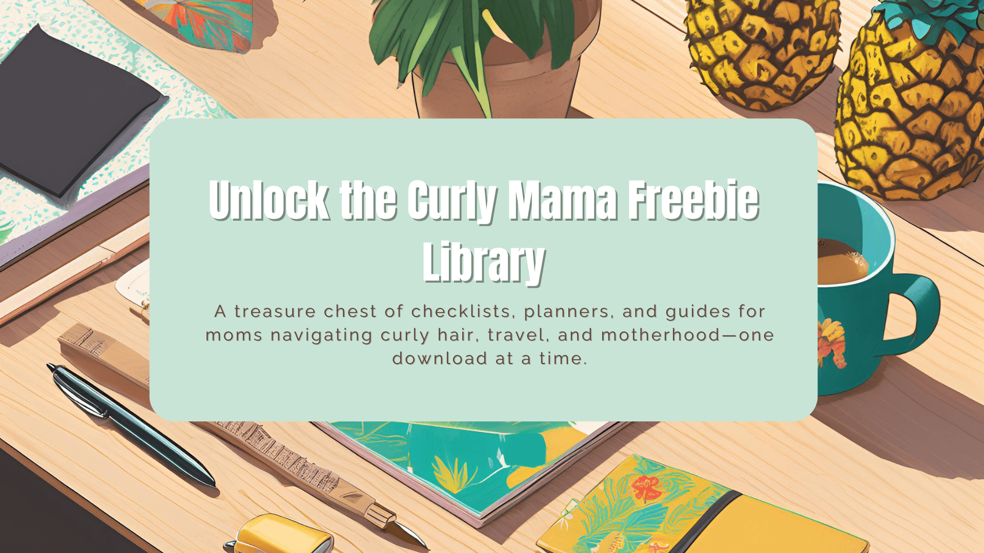 Curly Mama Freebie Library header with tropical planner, coffee mug, and pineapples on a desk promoting printable resources for moms.