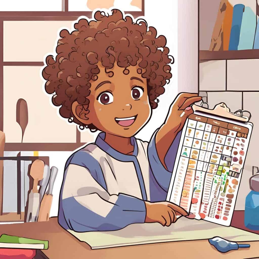 Smiling curly-haired child holding up a colorful visual morning routine chart on a clipboard while sitting at a table in a kitchen.
