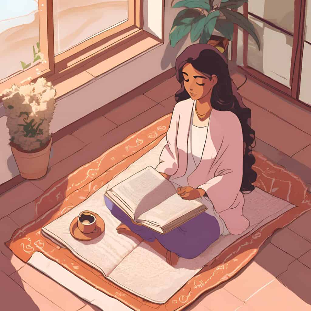 A woman with long dark hair sits cross-legged on a yoga mat, reading a large book in natural sunlight. A cup of tea rests nearby, surrounded by indoor plants and soft tones.