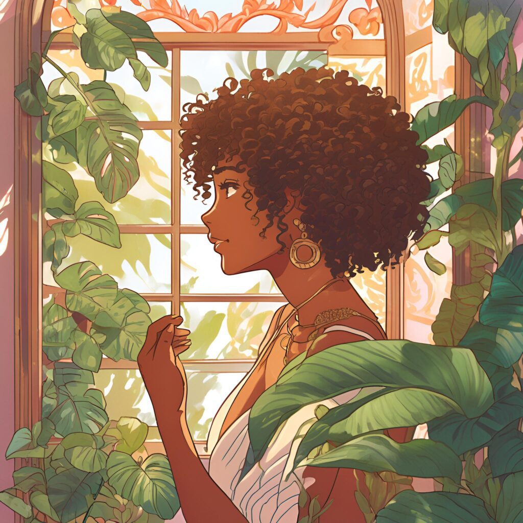 Brown-skinned woman with voluminous curly hair standing by a sunlit window, surrounded by green plants, reflecting on her wellness journey
