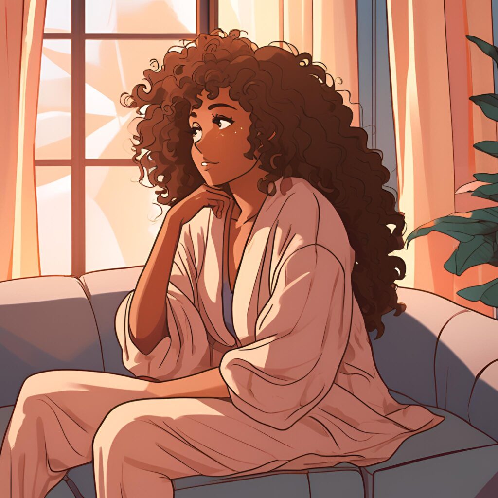 Curly-haired woman in loungewear sitting on a couch in soft morning light, appearing tired and reflective, representing low energy or sluggishness
