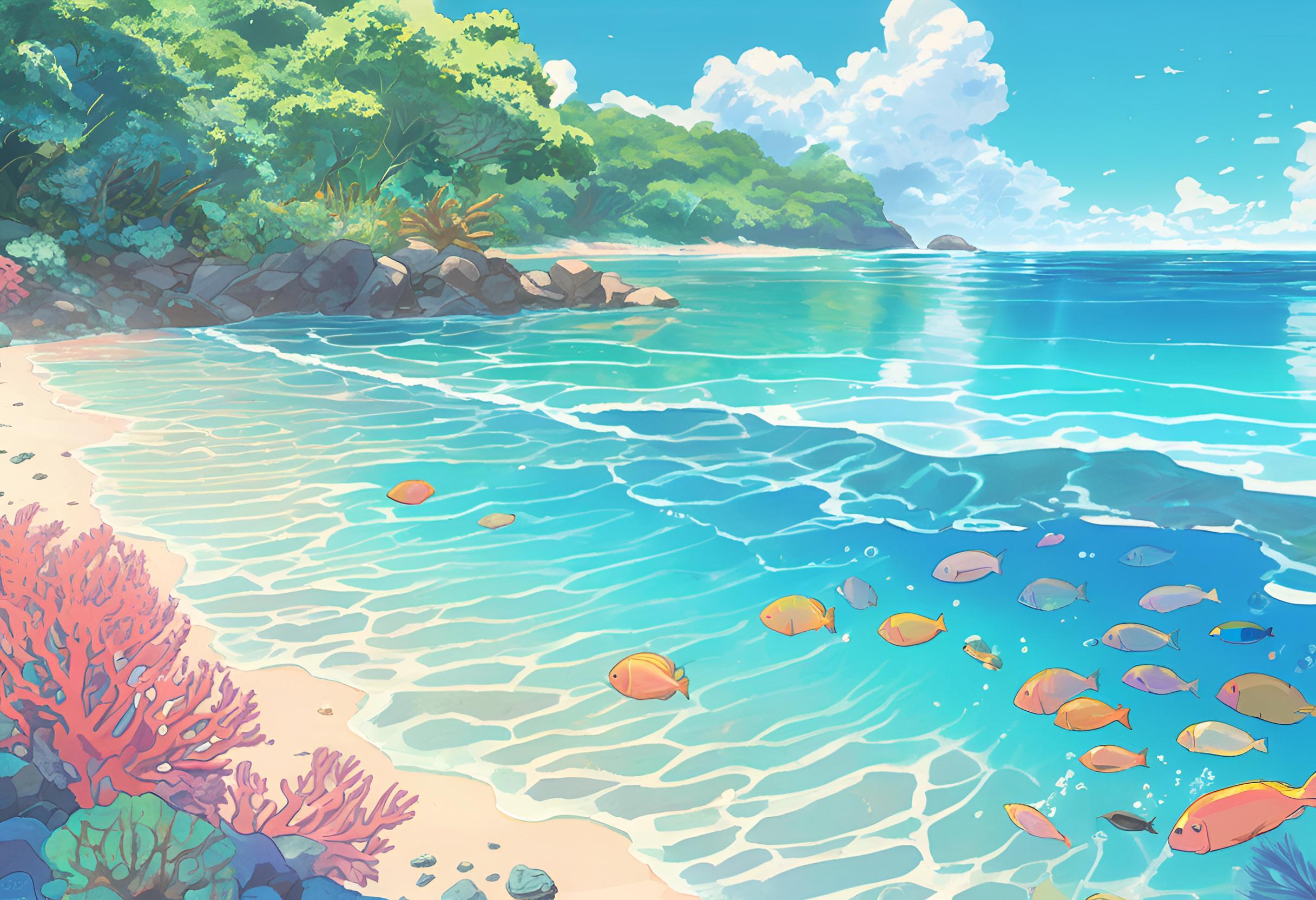 An illustrated view of a clear turquoise ocean shoreline with coral, tropical fish, and a lush green backdrop. Gentle waves reflect sunlight in a peaceful, tropical scene.
