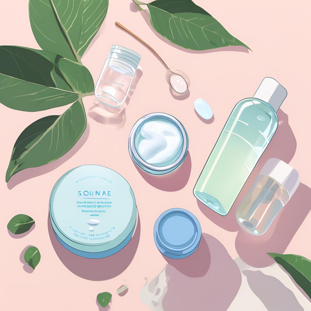 Flat lay of a morning wellness routine with probiotic capsule, glass of water, and skincare products on a soft pastel surface with natural lighting