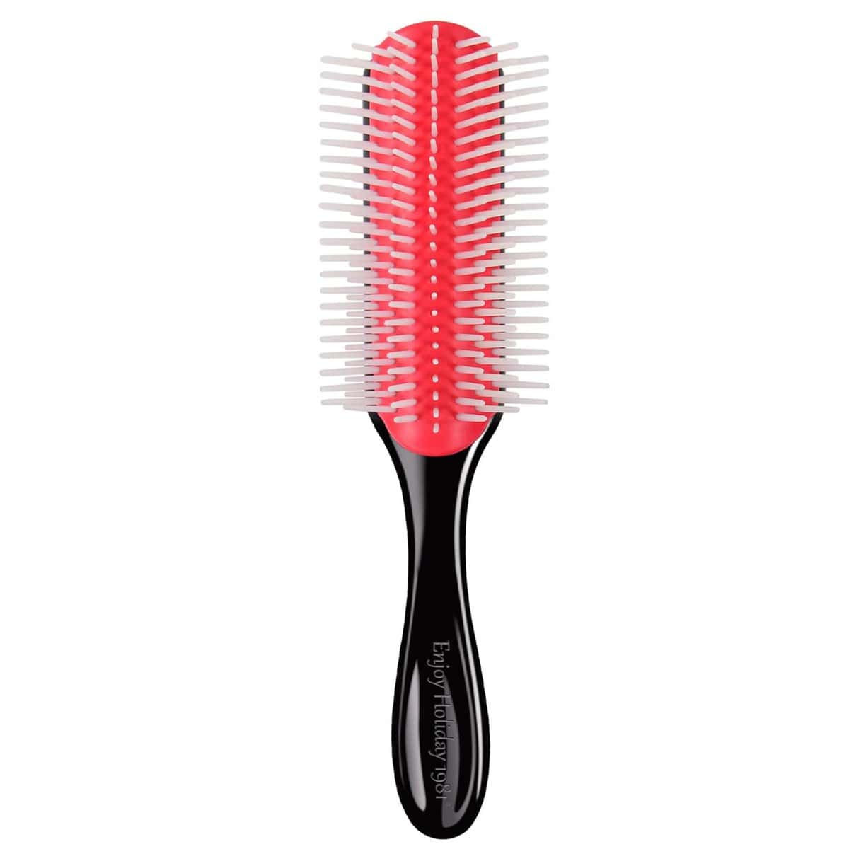 Black and red detangling brush with white bristles, similar in shape to a Denman brush
